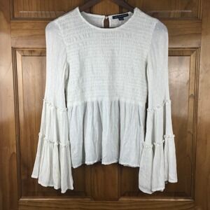 AEO White Smocked Swiss Dot Bell Sleeve Peplum Blouse XS Boho Cottage Fairy